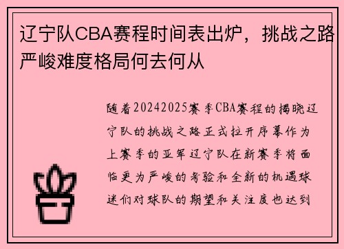 辽宁队CBA赛程时间表出炉，挑战之路严峻难度格局何去何从
